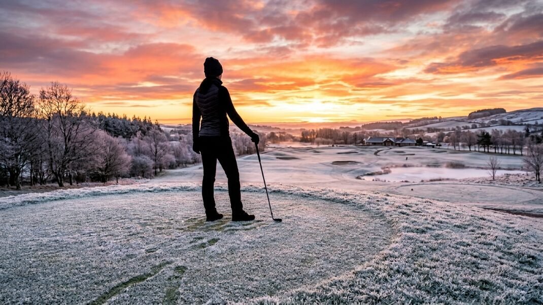 Person in winter gear holding a club on a frost-covered golf green during a vibrant orange and pink sunrise.