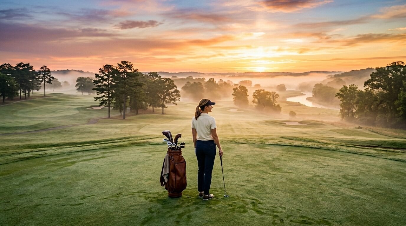 Female golfer standing next to a leather bag on a lush green golf course at dawn with fog rolling over the landscape.