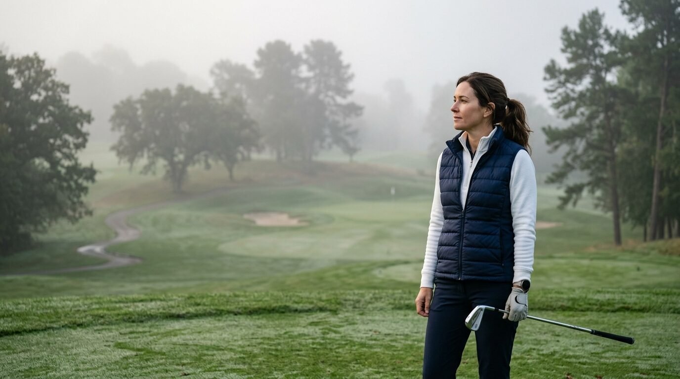Female golfer in a vest holding a club on a misty, dew-covered golf course at dawn.