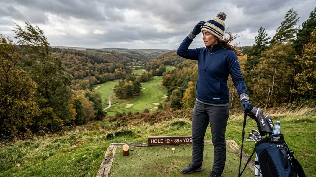 Female golfer wearing a warm beanie and jacket standing on a scenic golf course tee overlooking a valley.