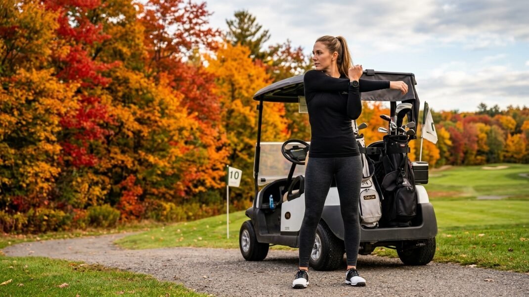 Woman in athletic wear performing a shoulder stretch next to a golf cart on a path surrounded by orange and red trees.
