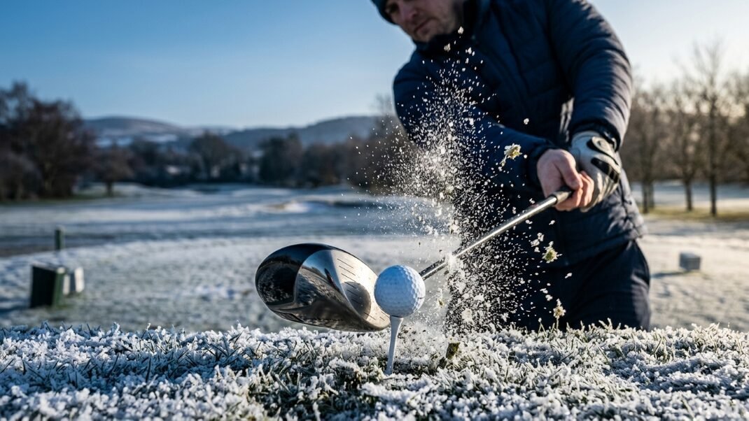 Close up of a golf club hitting a ball on a frosty winter morning with ice crystals spraying into the air.