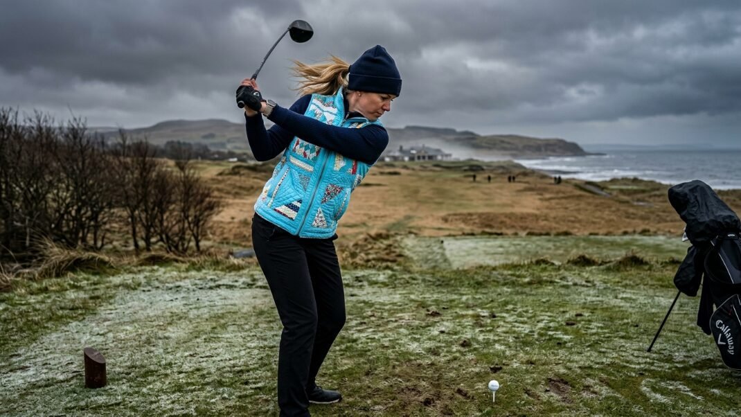 Woman in a blue quilted vest and beanie swings a golf club on a frosty, overcast day by the ocean.