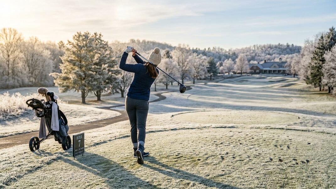 Woman in a knit hat hitting a golf ball on a freezing, frost-covered golf course.