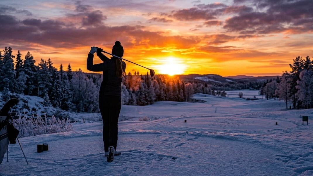 A golfer in winter gear completes a follow-through swing against a bright orange sunset over snow-covered trees.