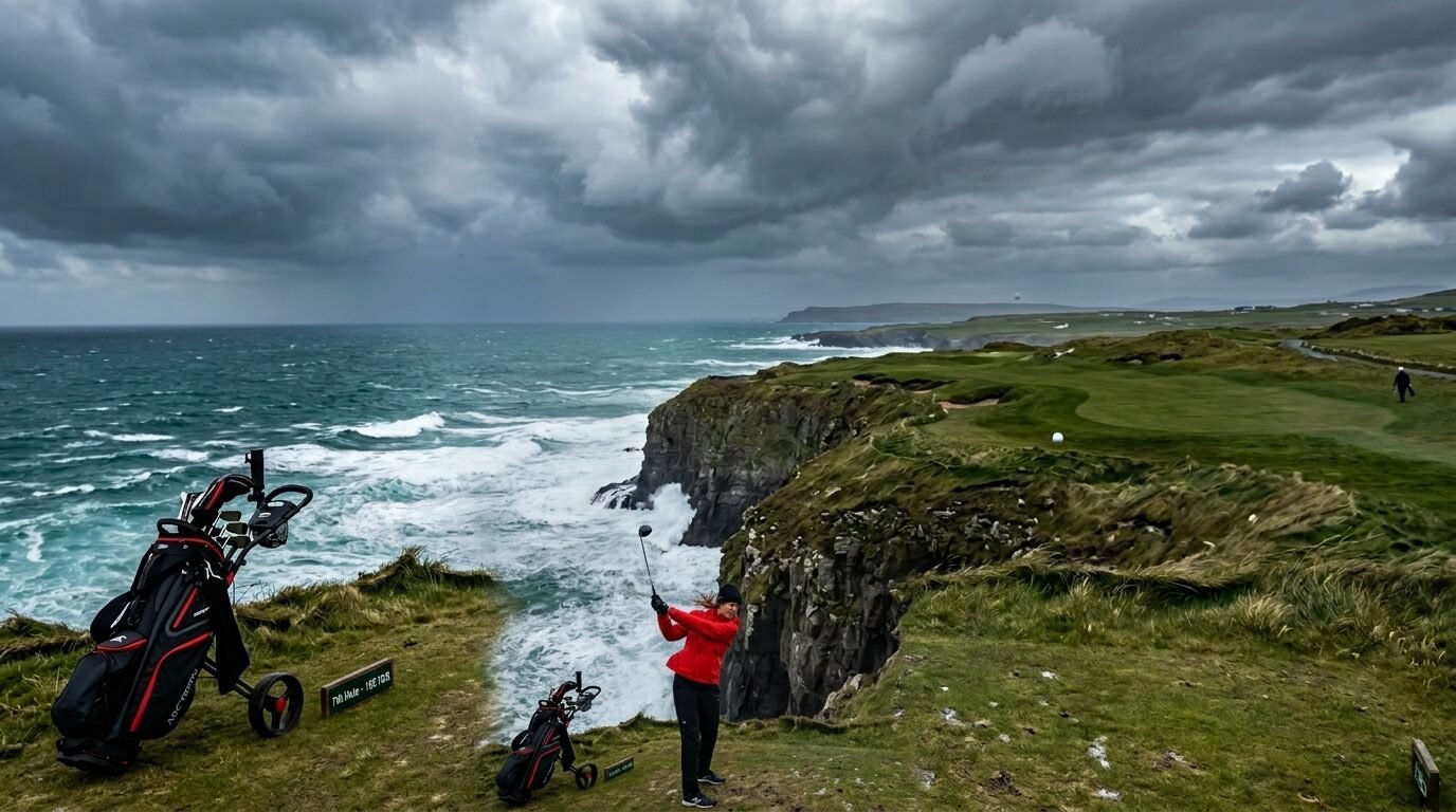 Person in a red jacket swings a golf club on a grassy cliff overlooking a turbulent stormy ocean.