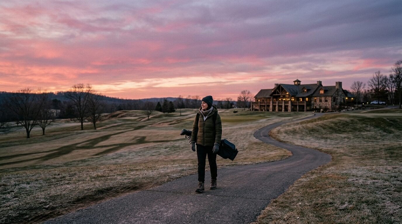 A woman in a winter jacket carrying a golf bag walks along a paved path near a rustic building at sunrise.