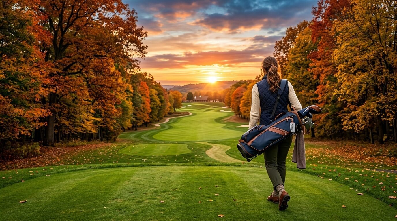 Female golfer walks on a green fairway framed by vibrant orange and yellow trees during a golden hour sunset.
