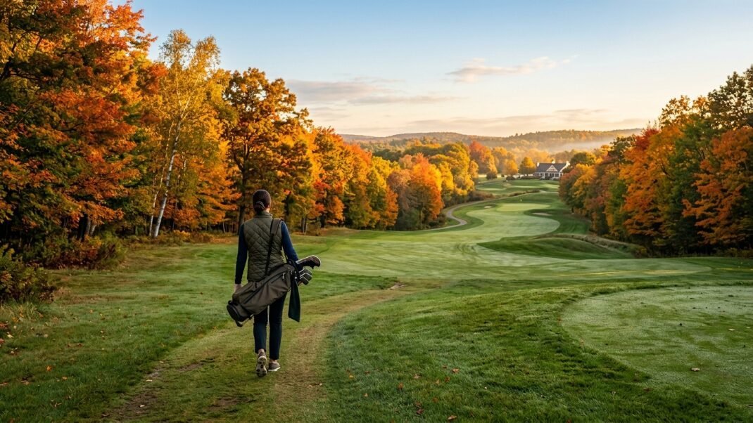 Person carrying a golf bag walking along a green fairway surrounded by colorful fall trees.