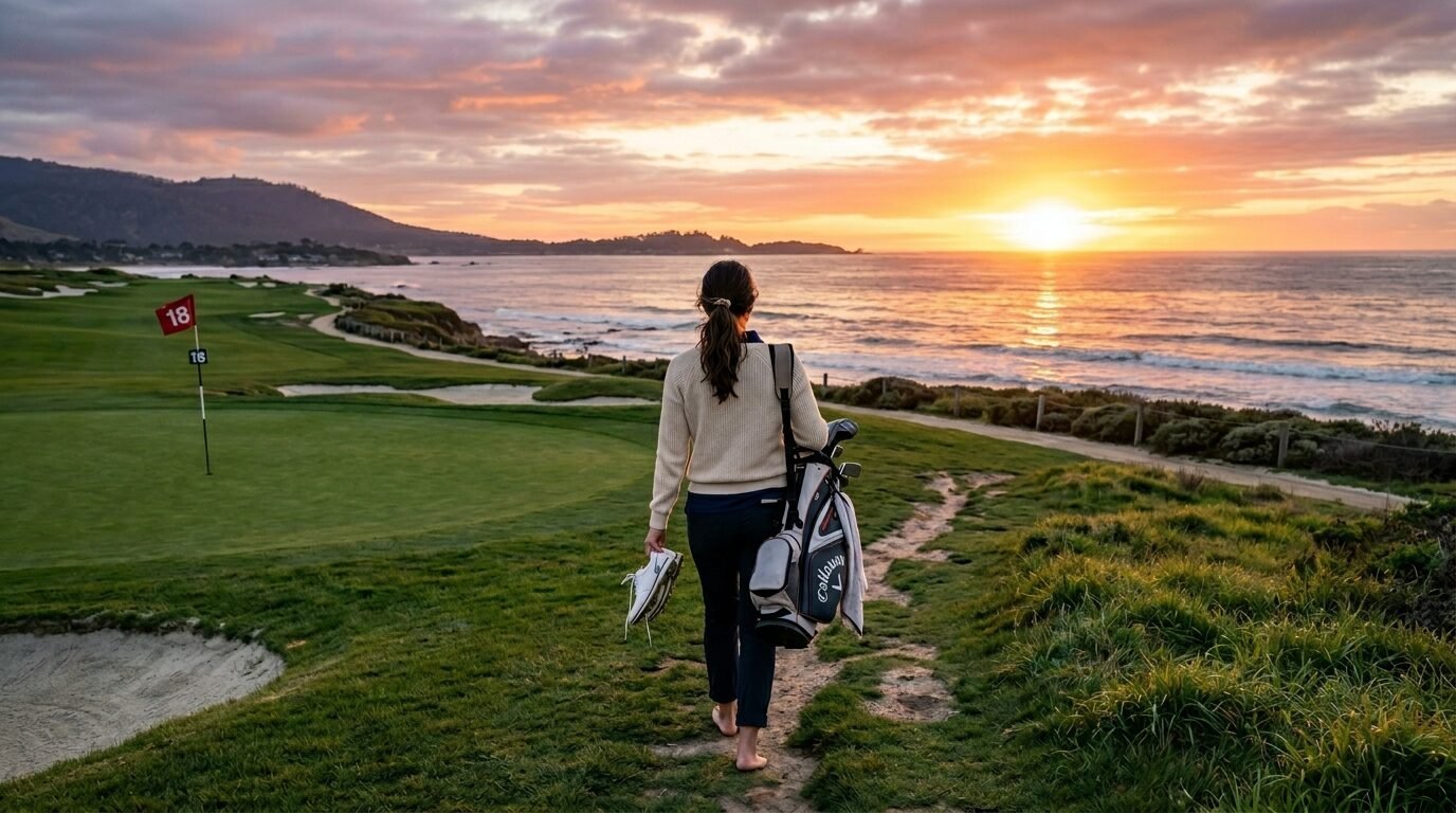 A woman barefoot carrying golf gear walks along a coastal path overlooking the ocean at sunset.