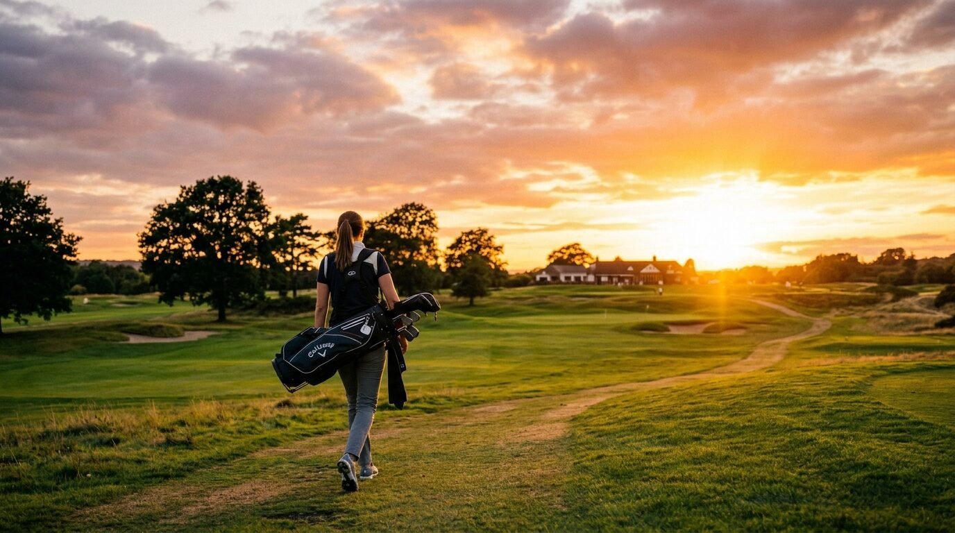Female golfer carrying clubs walks along a path on a golf course during golden hour.
