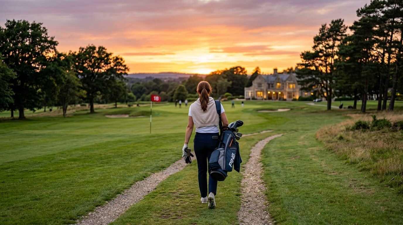 A female golfer carries her bag down a gravel path toward a manor house at dusk.