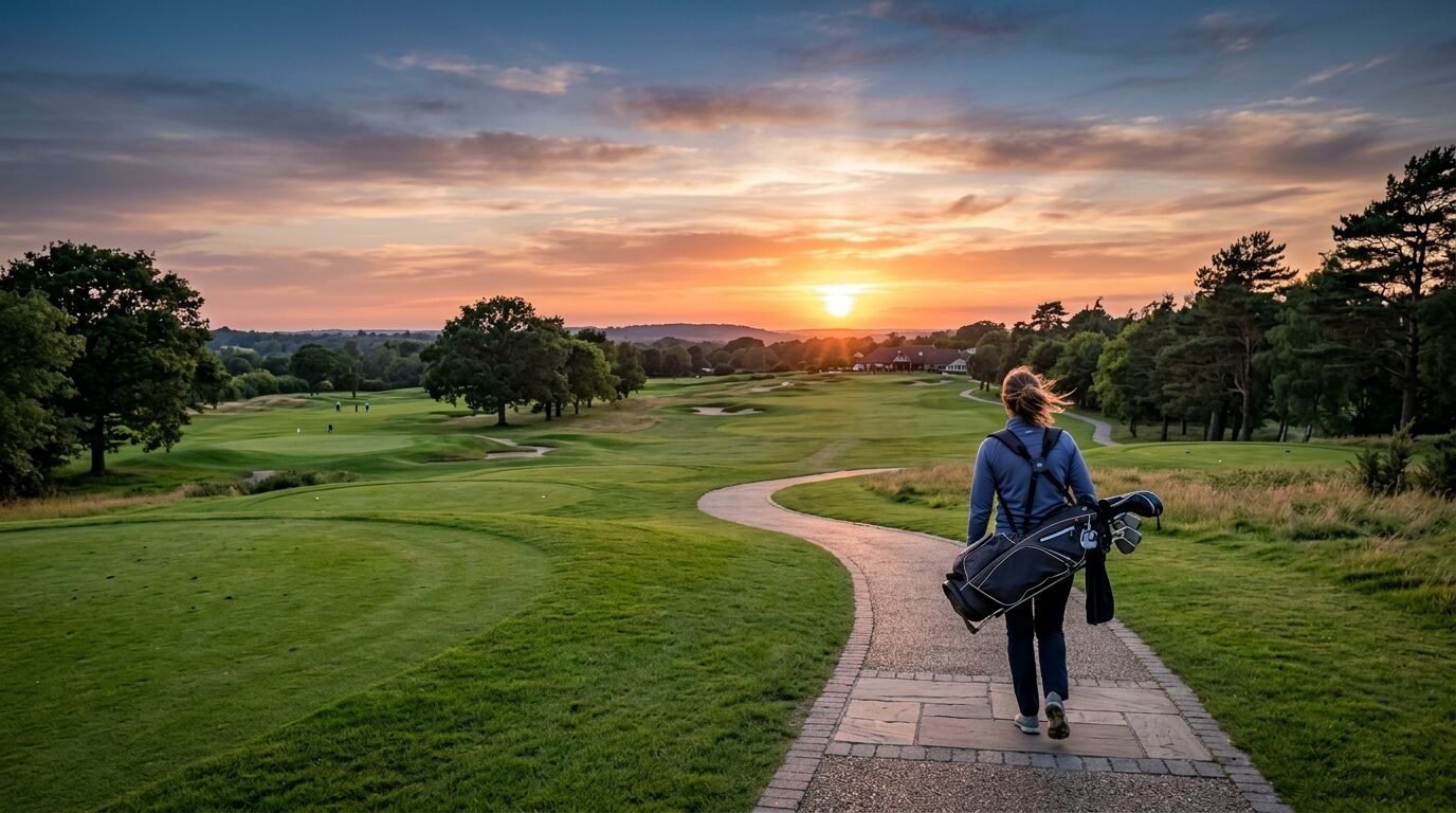 Woman carrying golf bag walking along a winding stone path on a course during sunset.