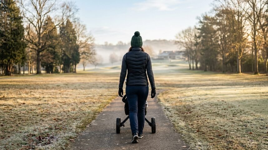 A woman in a winter hat and vest pulls her golf bag down a path covered in light frost at sunrise.