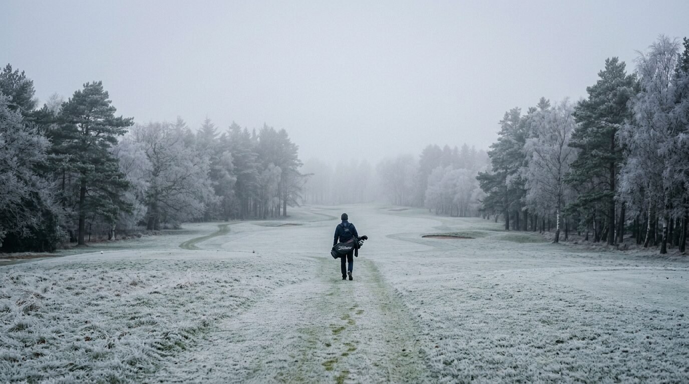 A person with a golf bag walks away from the camera through a misty, frozen golf course surrounded by snow-dusted trees.
