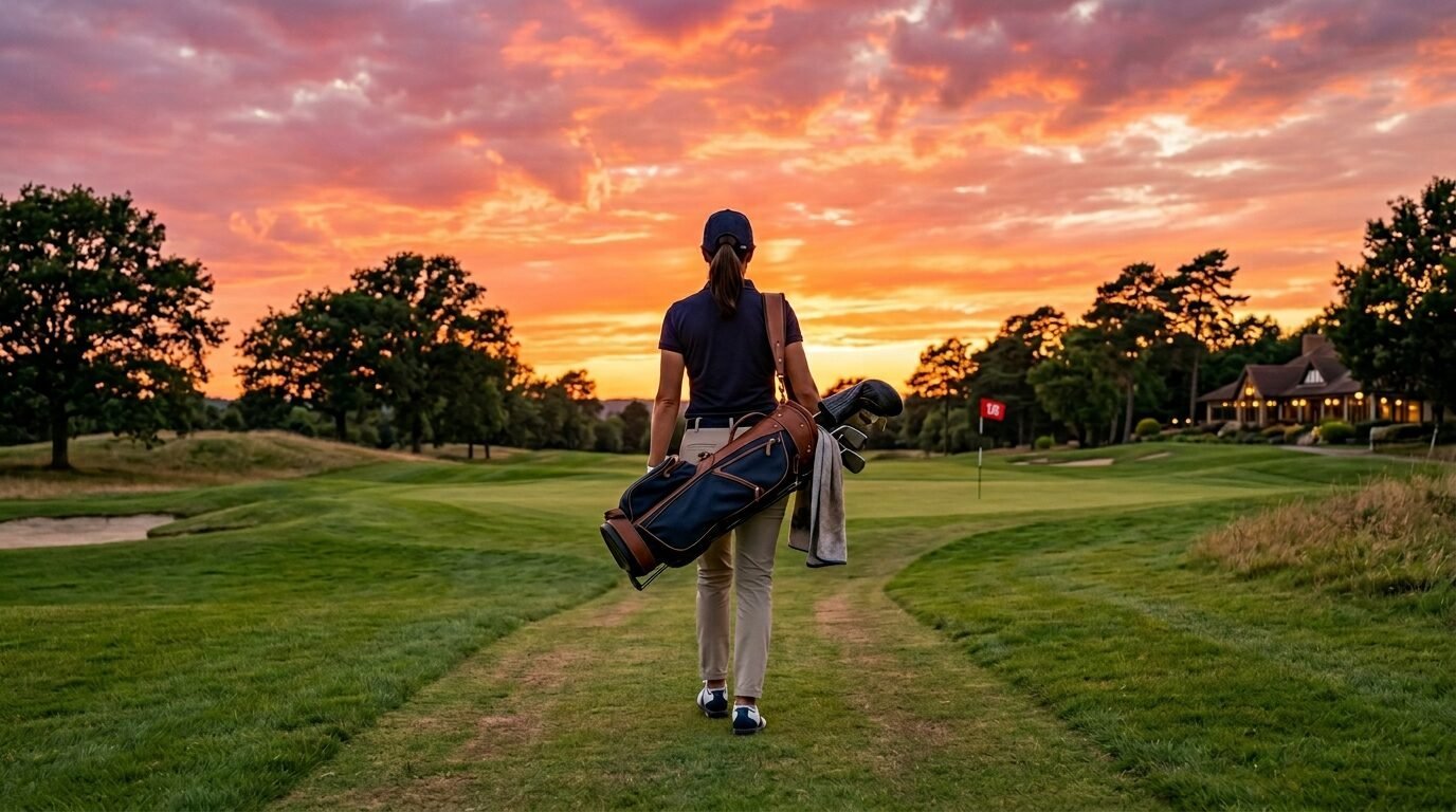 Female golfer walking down a course fairway with a bag over her shoulder under a vibrant orange sunset sky.