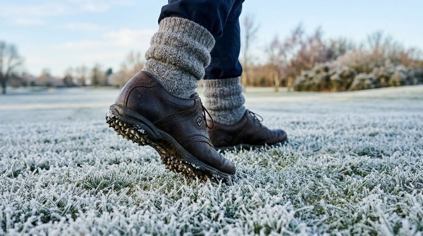 Close up of feet wearing leather shoes and wool socks walking across a frost-covered golf course.