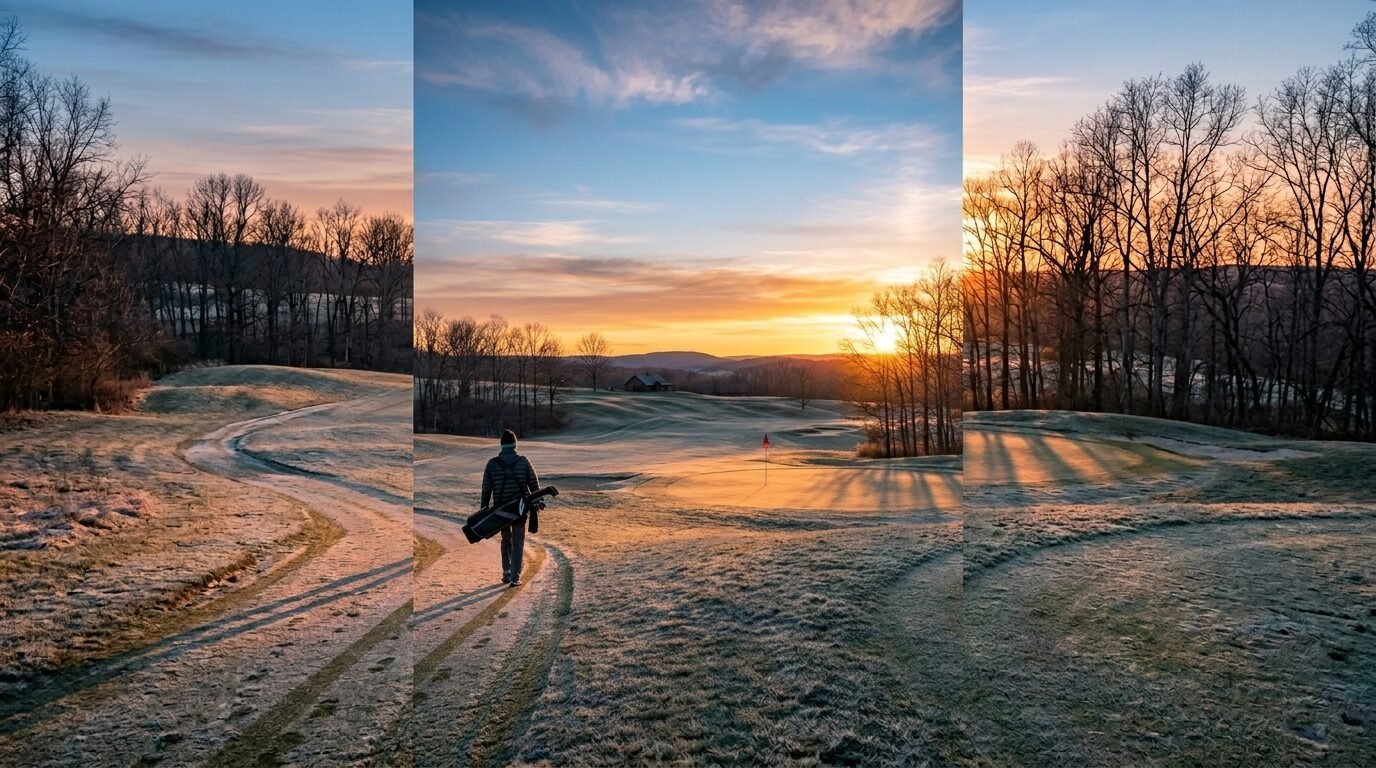 Person carrying a golf bag walking along a frost-covered golf course fairway during a bright orange sunrise.