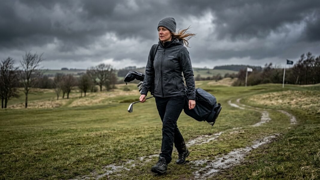 A woman in a grey beanie and jacket carries a golf bag across a rainy, muddy field.