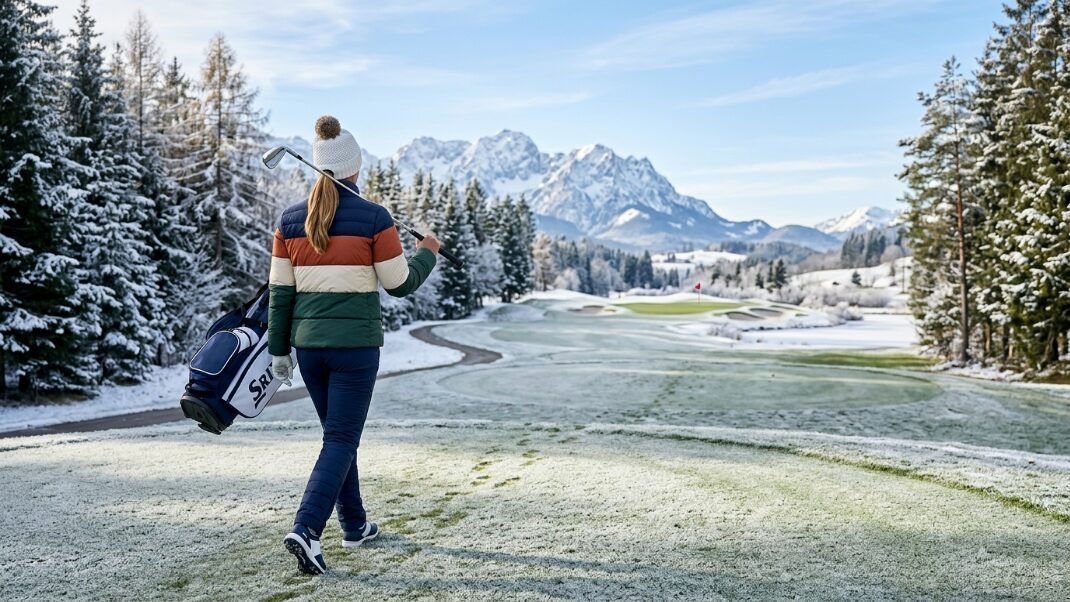 Woman in a colorful puffer jacket carrying a golf bag on a snow-dusted golf course with mountains in the background.