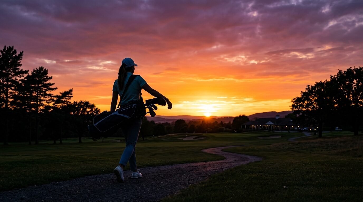 A silhouette of a female golfer carrying a bag on a path toward a vibrant orange sunset on a golf course.