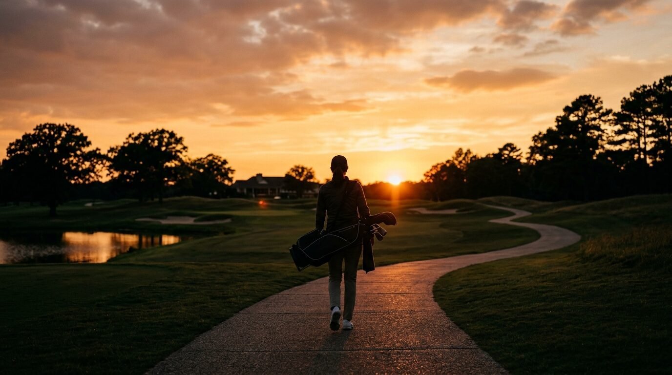 A silhouetted female golfer walks along a stone path toward the sunset on a green course.