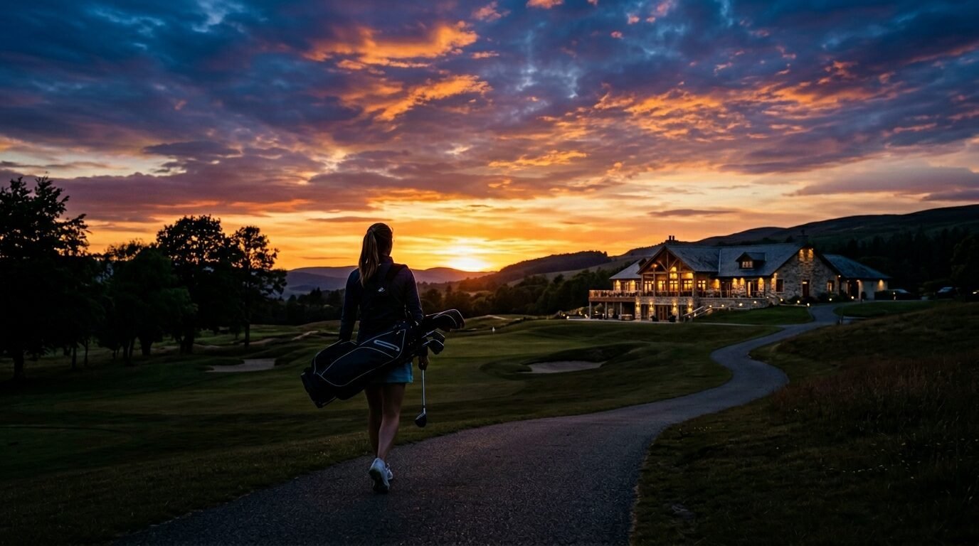 Woman carrying golf clubs walks along a paved path past a golf course toward a building at dusk.