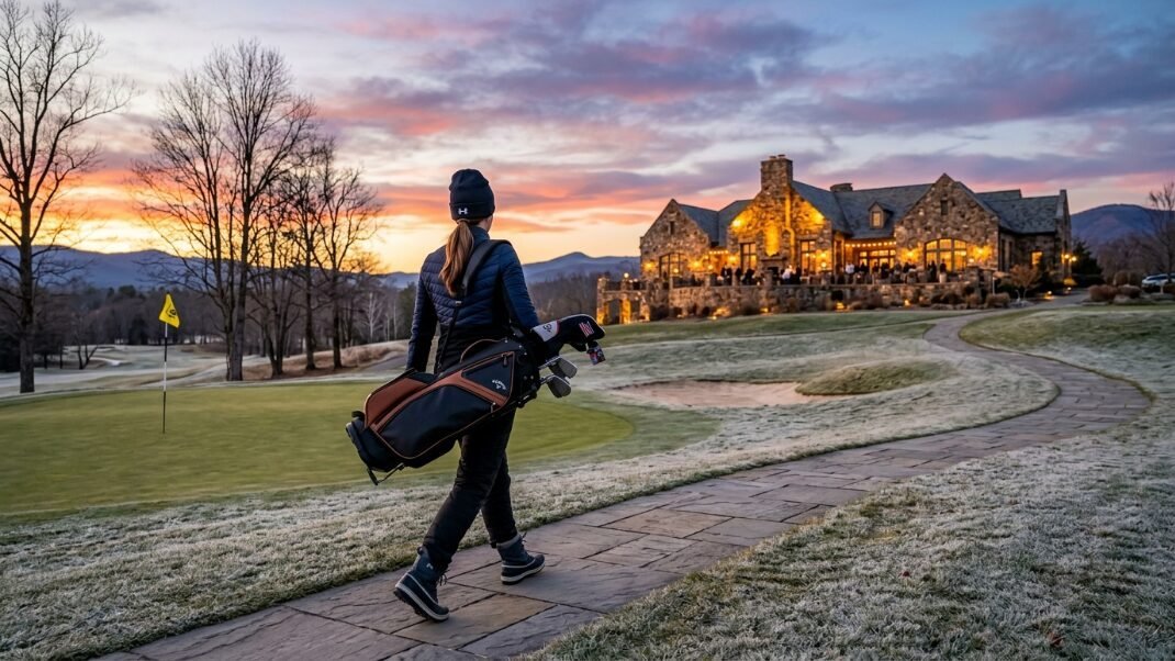 A golfer walking on a stone path toward a lit clubhouse at sunset with a frosted putting green in the foreground.