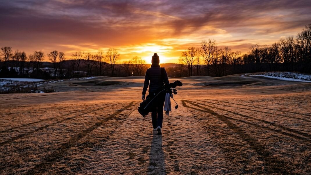 Back view of a person wearing a beanie carrying a golf bag across a cold, frost-covered golf course at dusk.
