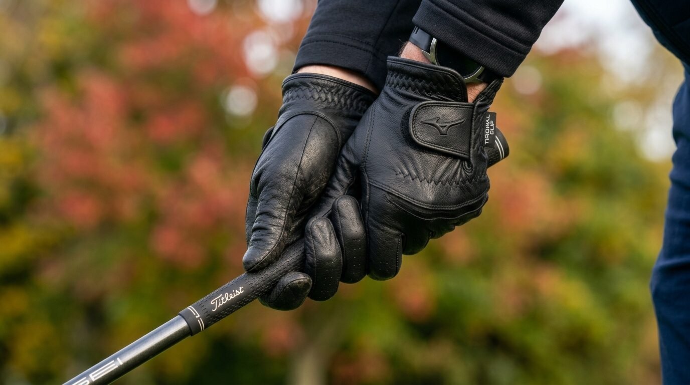 Close-up of a person wearing black leather Mizuno golf gloves while holding a Titleist club grip.