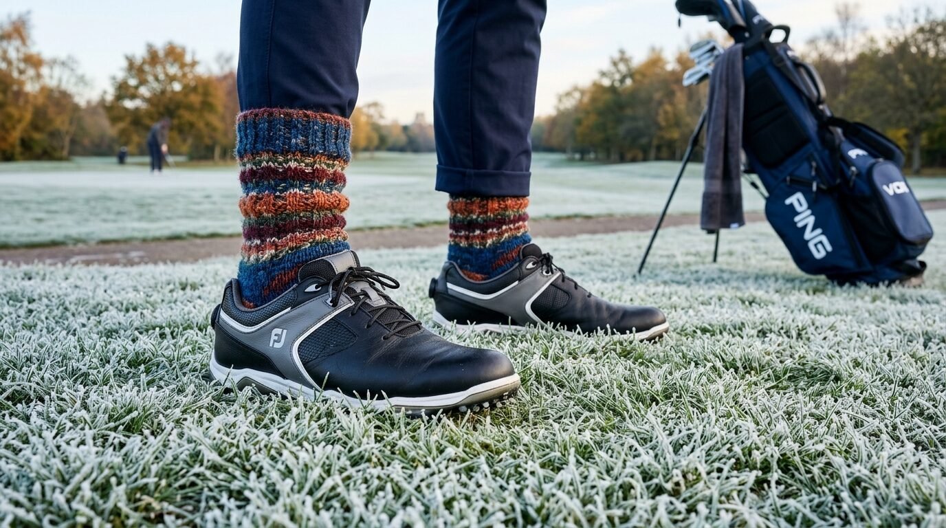 Close up of golf shoes and colorful knitted socks worn by a player standing on a frosty morning golf course.