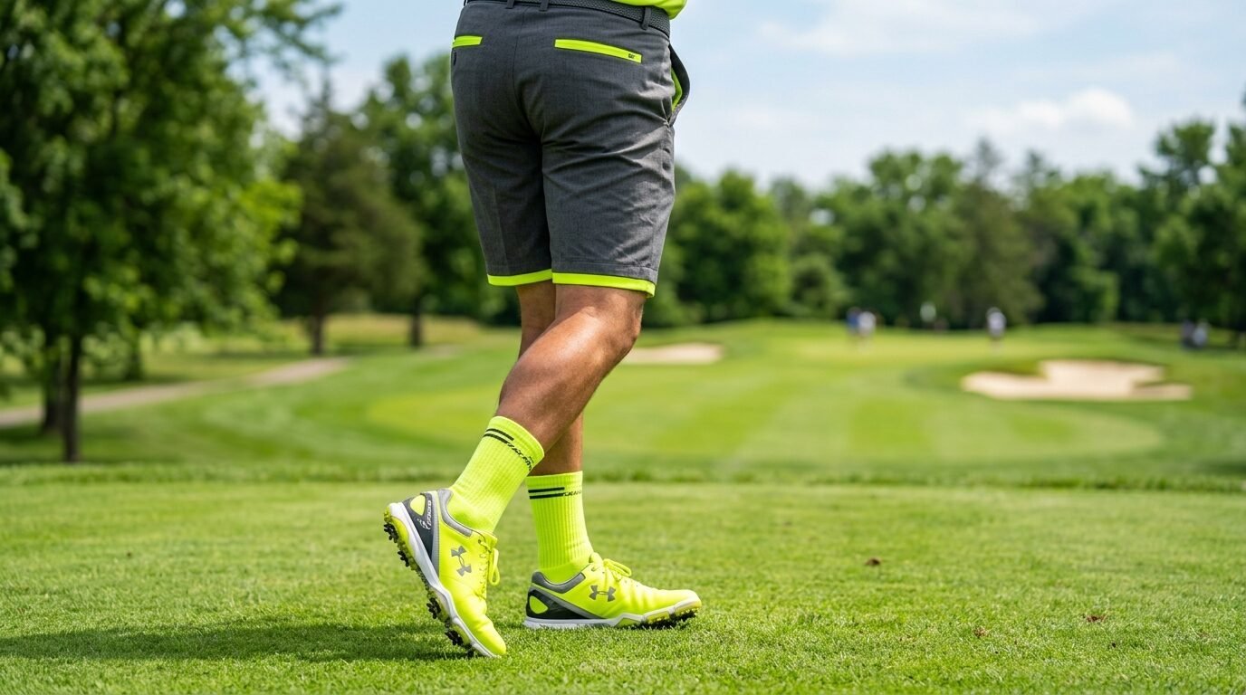 Close-up of a person wearing grey golf shorts and bright yellow athletic shoes with matching neon socks.
