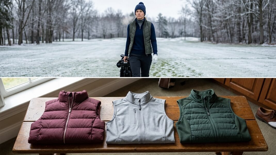 Woman in a navy blue beanie and green quilted vest walking with golf clubs on a cold, snowy golf course.