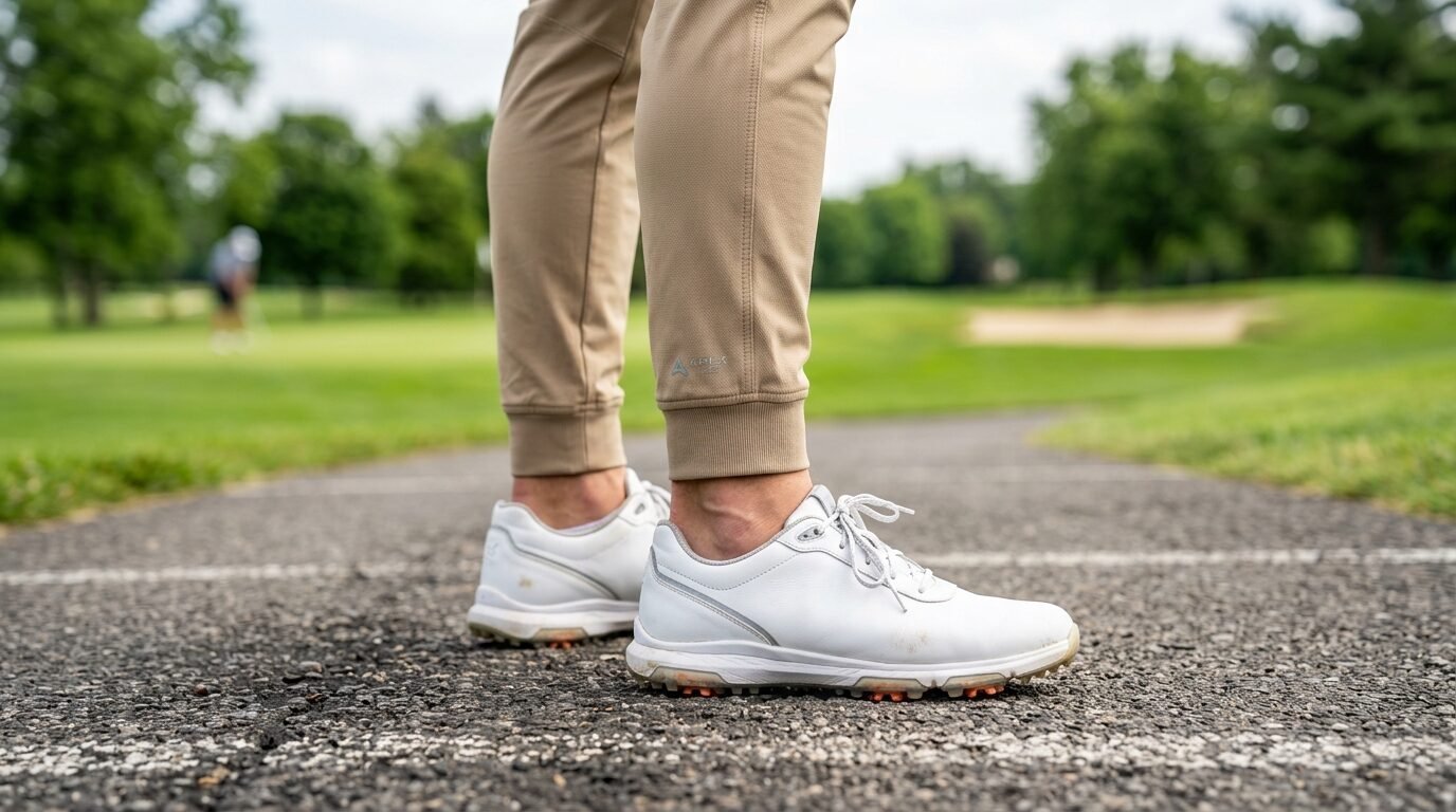 Close-up of a person wearing khaki joggers and white golf shoes on a paved course path.