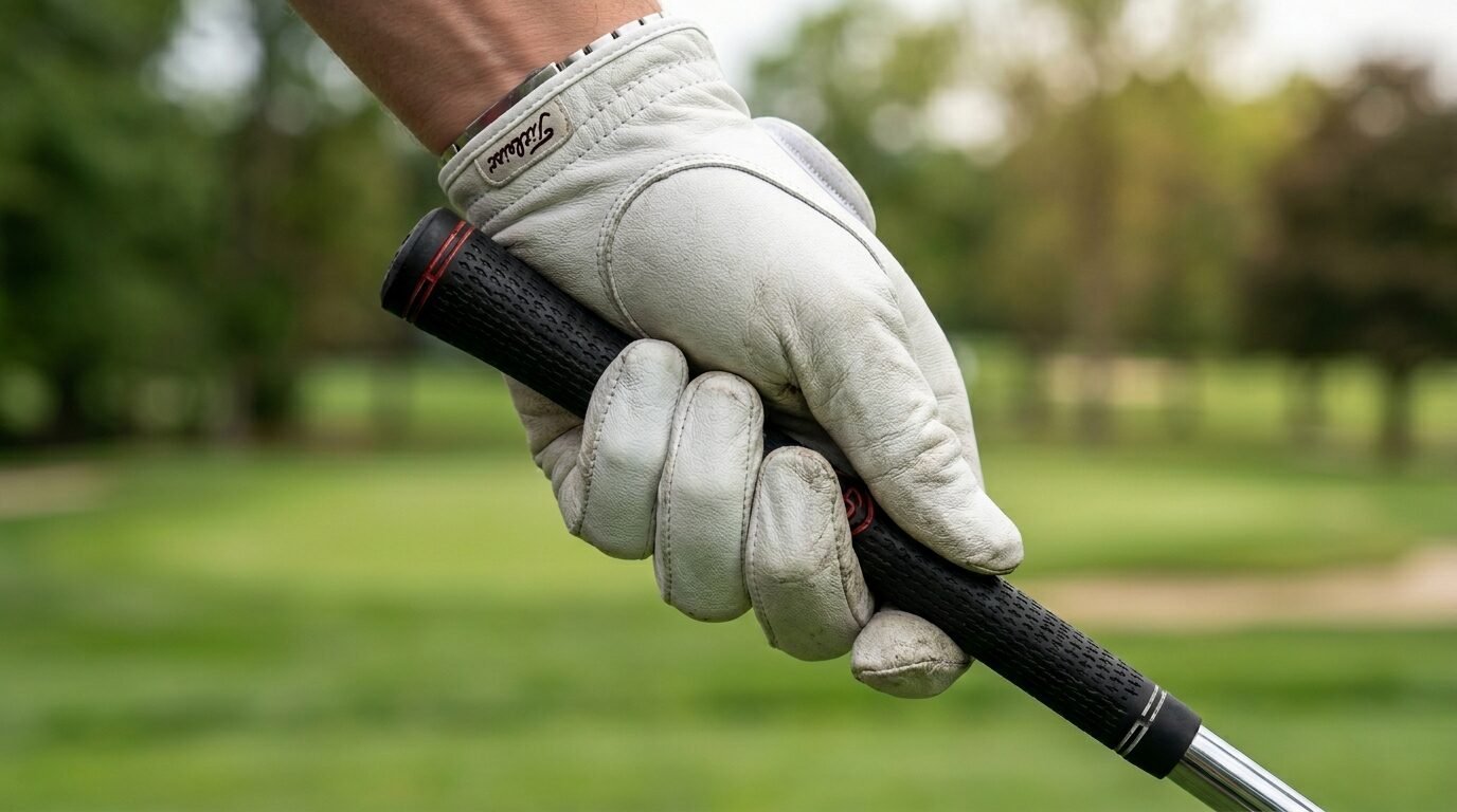 Golfer's hand wearing a white Titleist glove holding a textured black golf club grip on a course.