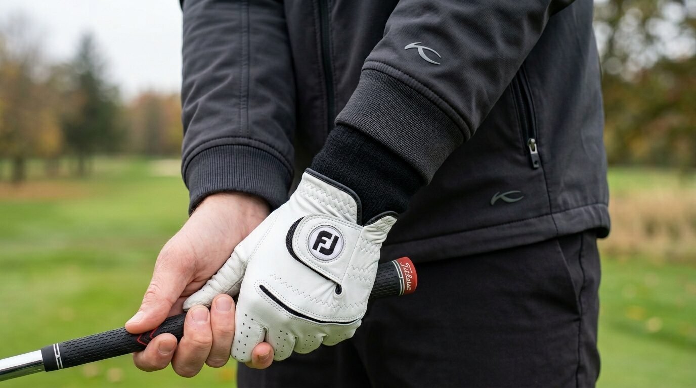 Close-up of hands wearing a FootJoy golf glove while holding a club on a course.
