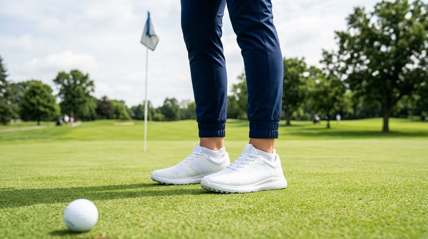 Close up of person wearing white athletic shoes on a golf course with a ball in the foreground and flag in the back.