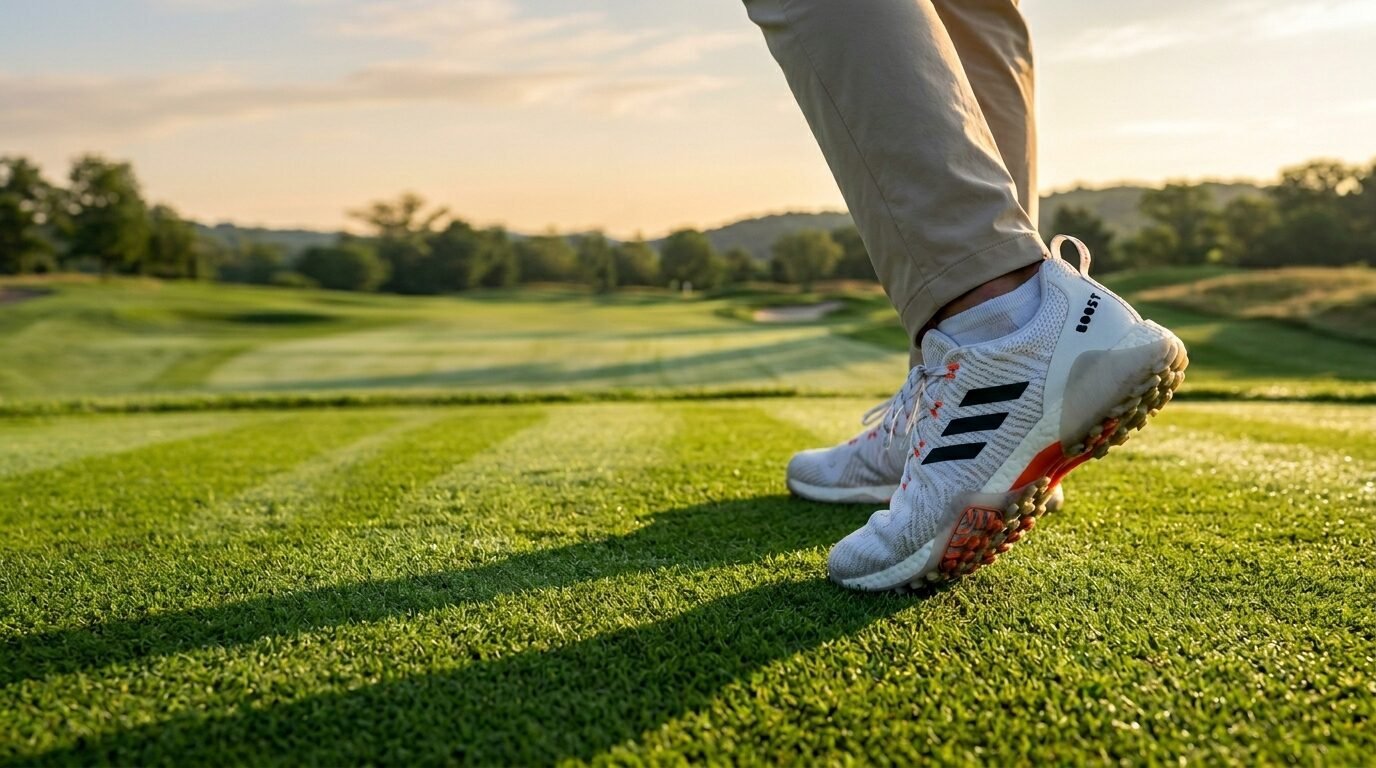 Golfer wearing white Adidas Boost golf shoes standing on a sunny course fairway.