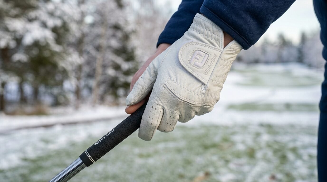 Close-up of a hand wearing a white FootJoy winter golf glove holding a textured club grip on a snowy course.