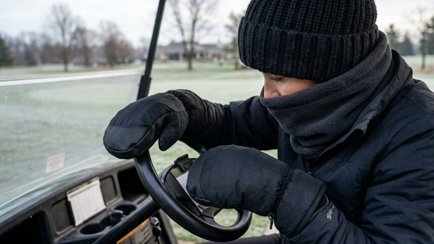 Close-up of a person in a black beanie, neck gaiter, and mittens driving a golf cart on a cold day.