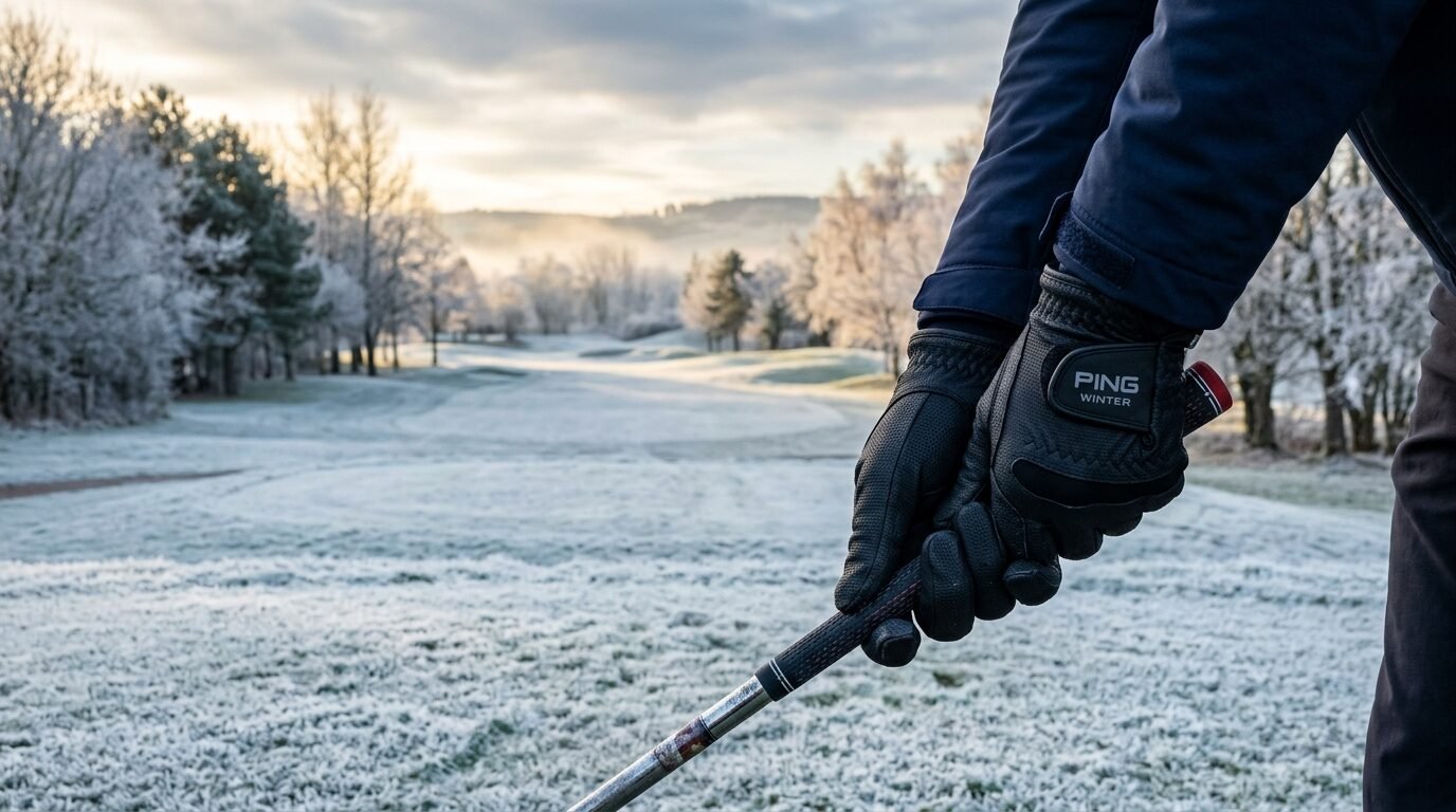 Close up of hands in black Ping winter golf gloves holding a club on a frosty, frozen fairway