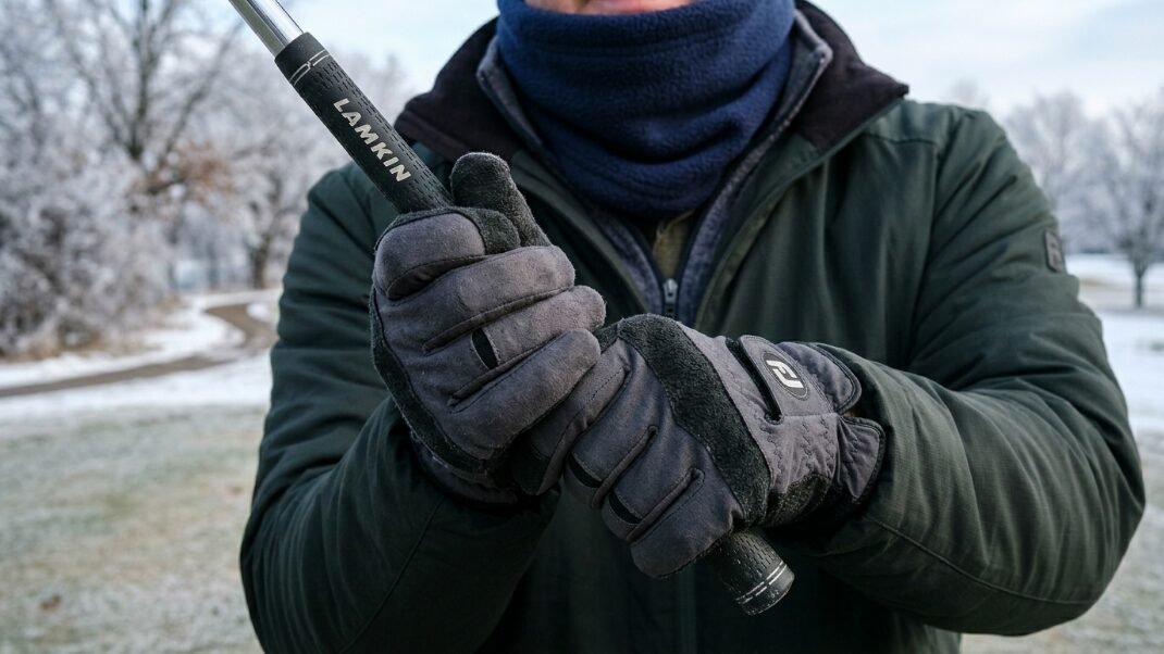 Close-up of hands in grey winter golf gloves holding a black club grip on a cold day.