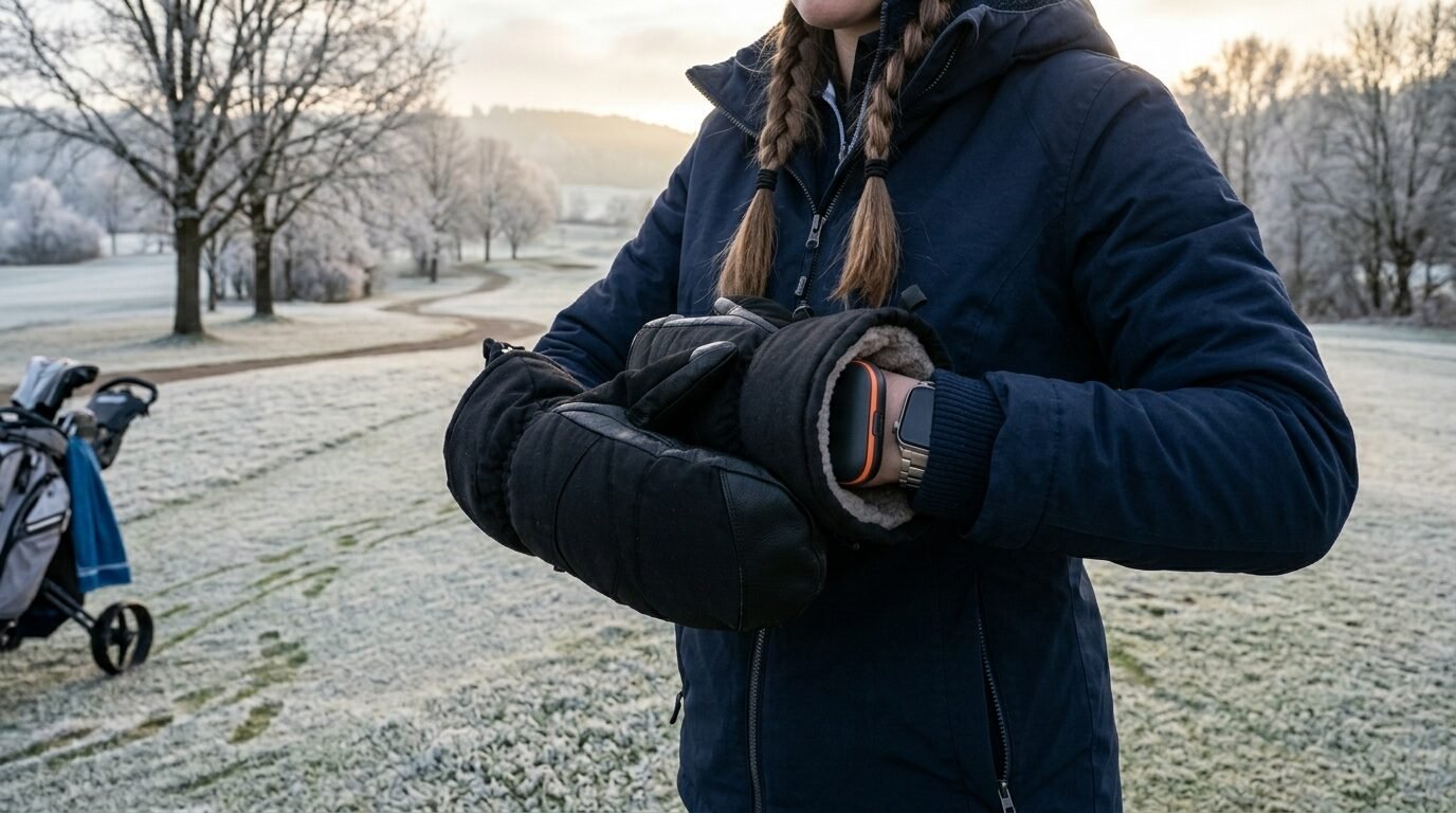 Close up of a woman in a navy jacket putting on black fleece-lined mittens while standing on a cold, icy golf course.