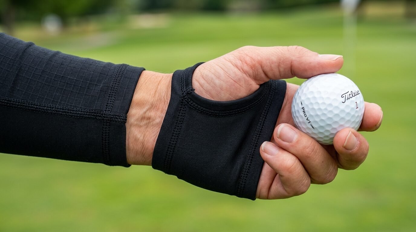 Close-up of a hand with a black compression wrist sleeve holding a Titleist Pro V1 golf ball on a green course.