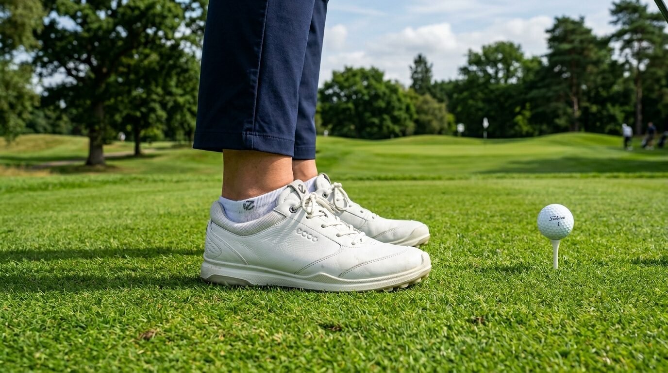 Close-up of a person in navy trousers wearing white athletic footwear next to a golf ball on a tee.