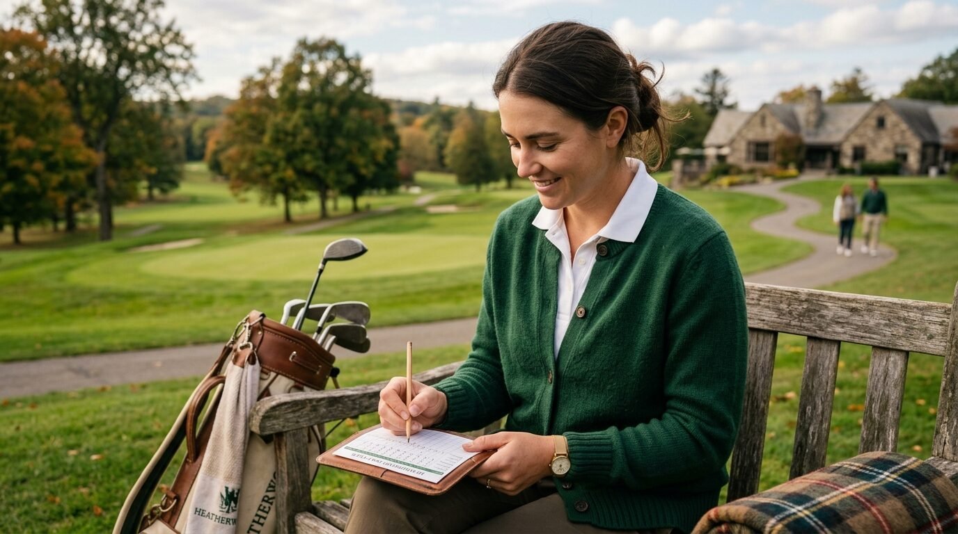 Female golfer in a green cardigan sits on a bench marking scores on a scorecard with her golf clubs nearby.