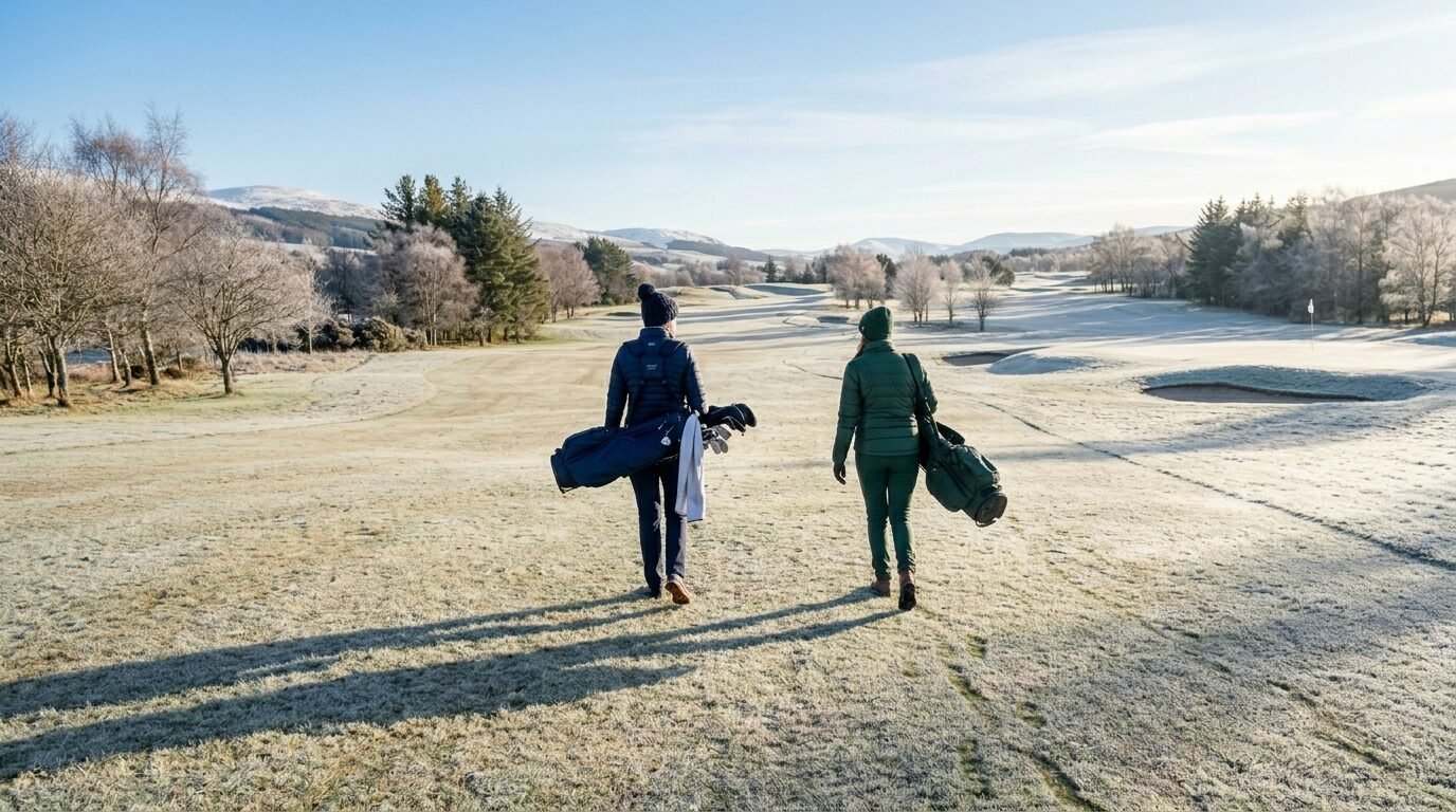 Two people wearing warm winter gear walk with golf bags on a frozen morning golf course.