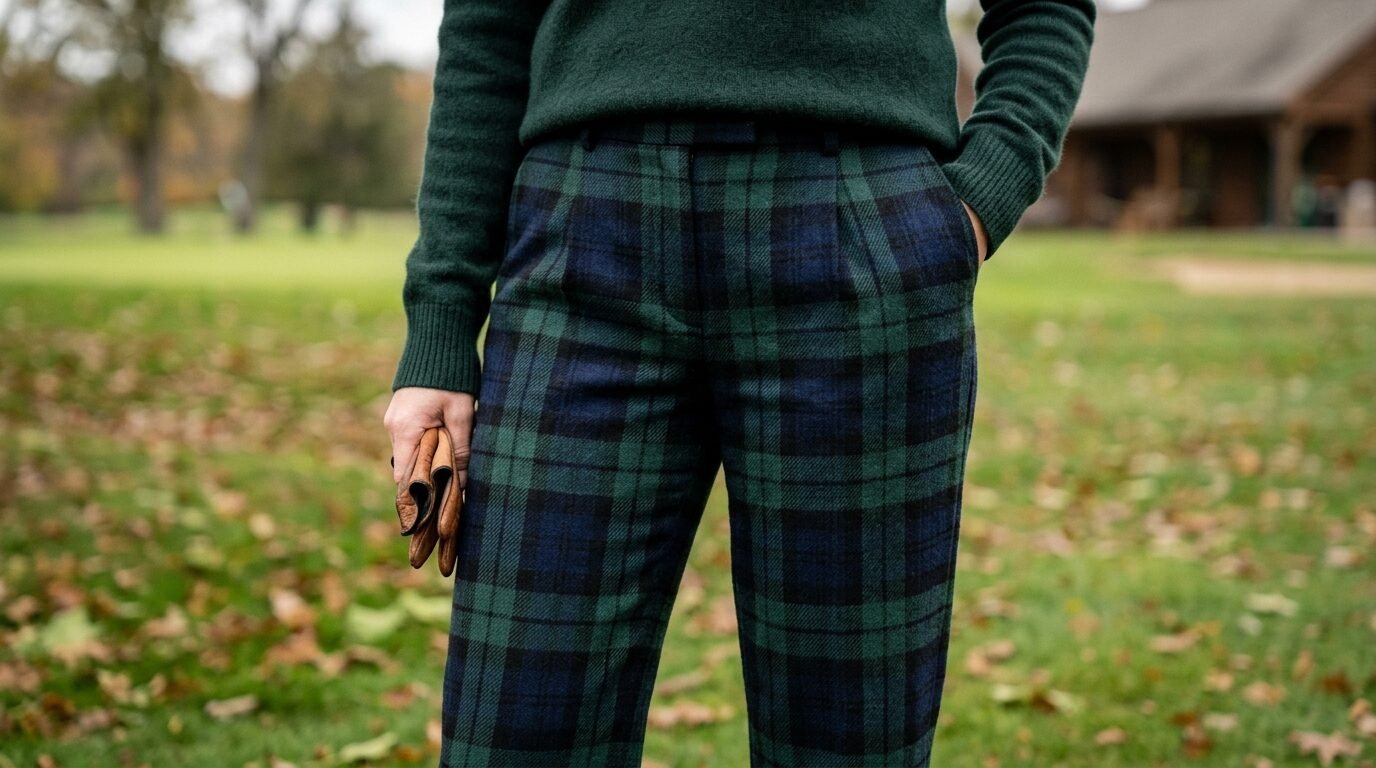 Close up of a person holding leather gloves while wearing green and navy tartan pants in an outdoor setting.