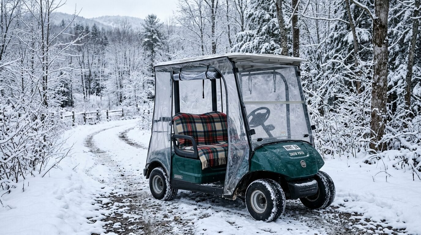 Green utility vehicle with clear plastic enclosure and plaid seat cover parked on a path covered in fresh snow.