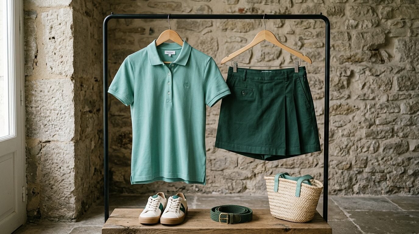 Mint green polo shirt and dark green pleated skort hanging on a rack with sneakers, a belt, and a straw handbag.